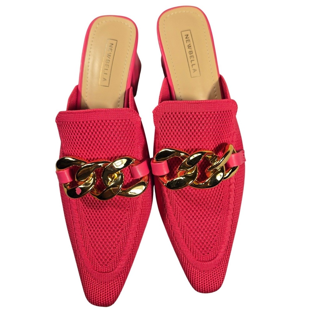 Newbella Hot Pink Knit Mules Gold Chain Link Pointed Toe Block Heel Slides 6.5